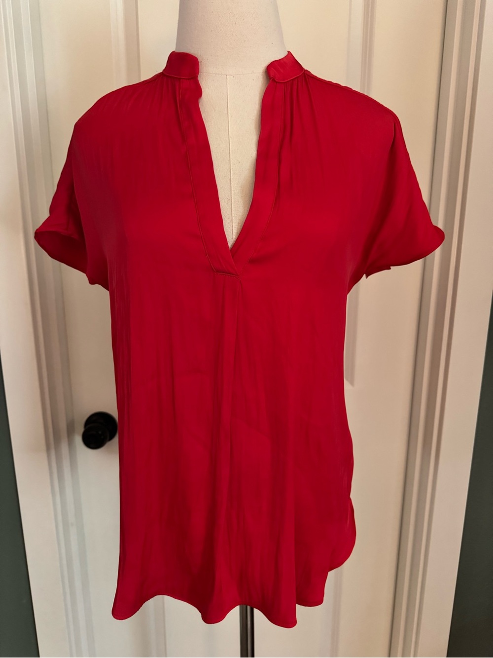 Red Split-Neck Short Sleeve Blouse